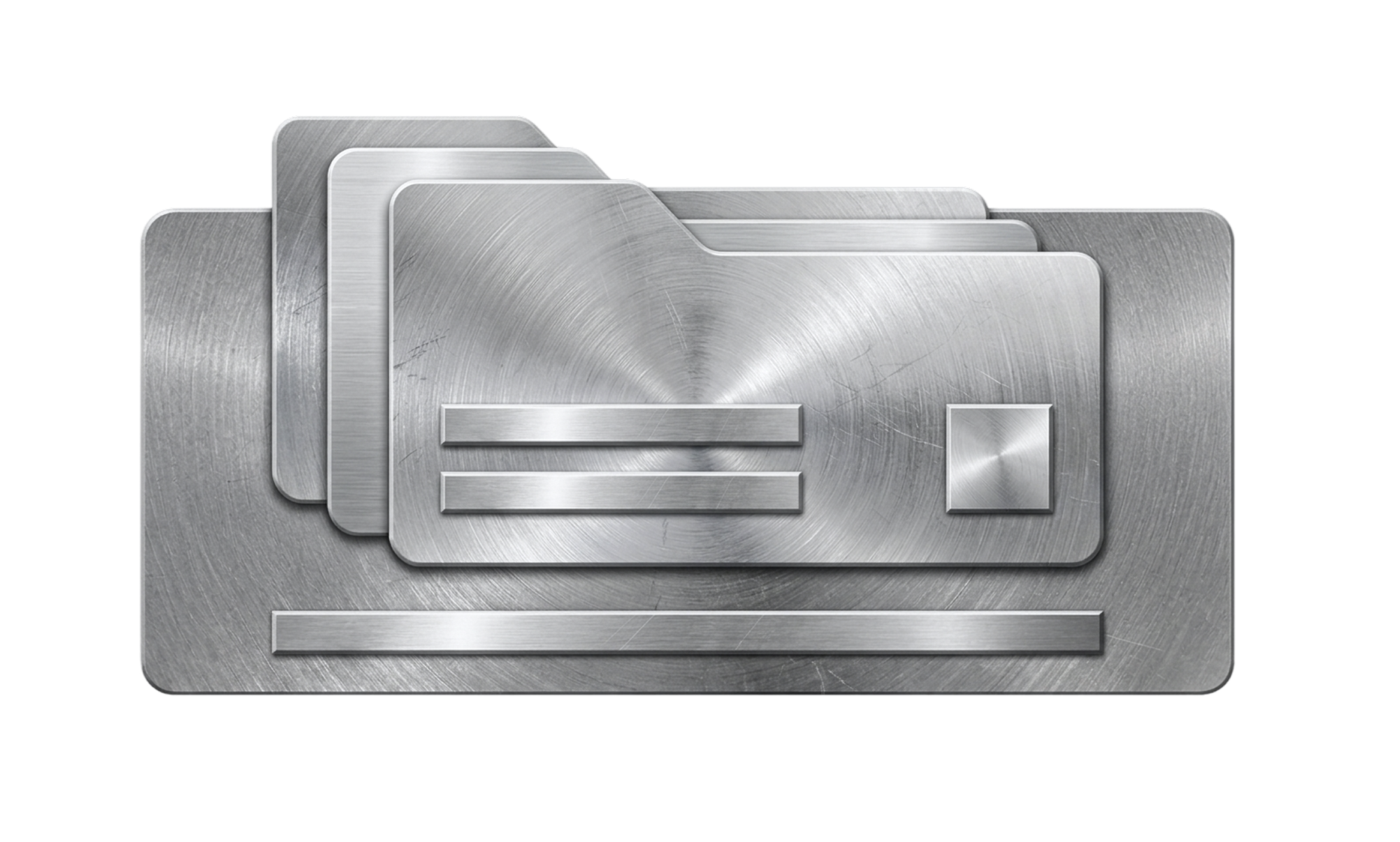 Stacked metallic folders with brushed steel texture, layered in a fan arrangement