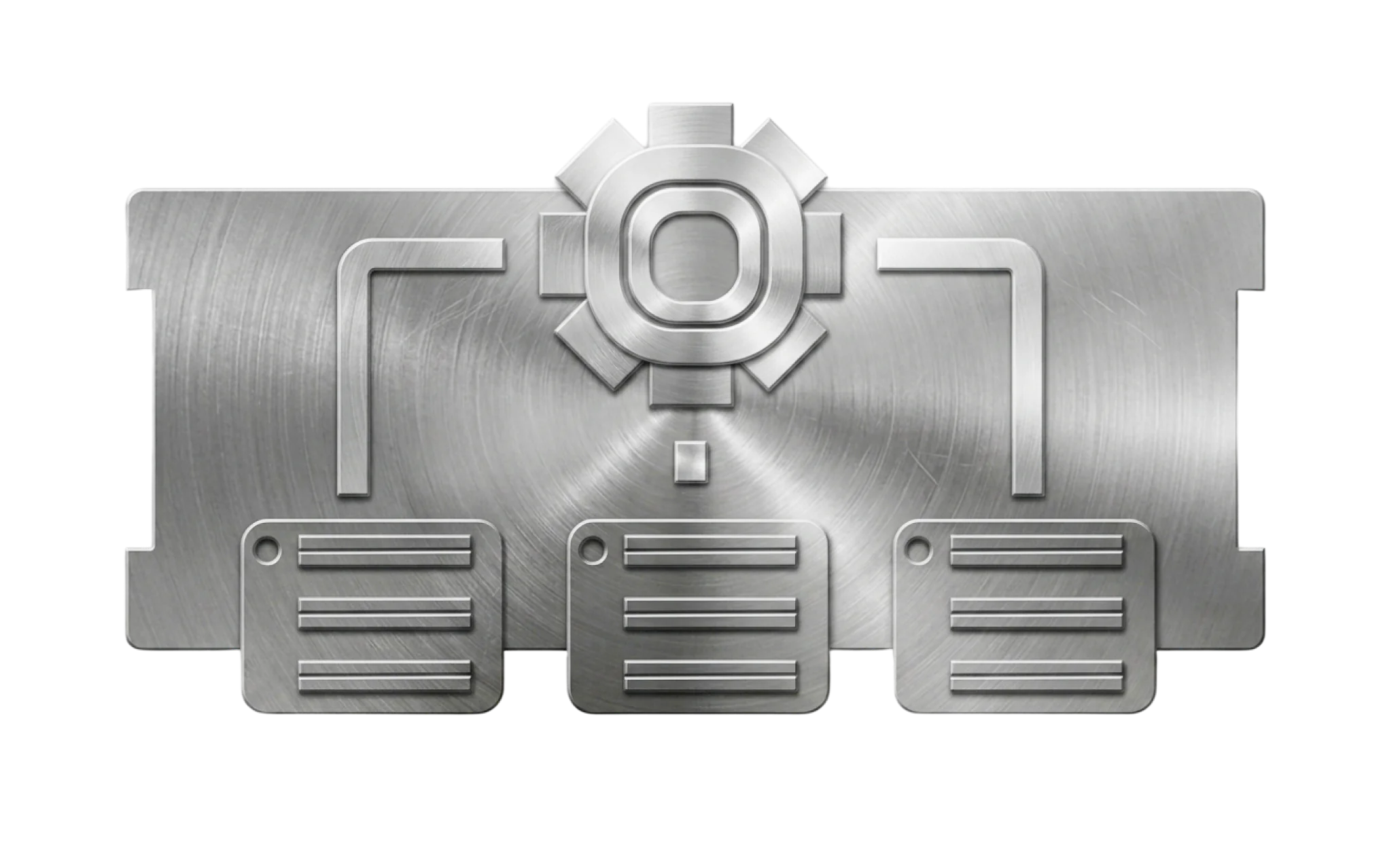 Metal vault door with a gear-shaped emblem centered, flanked by a brushed metal surface and three drawer-like panels below.