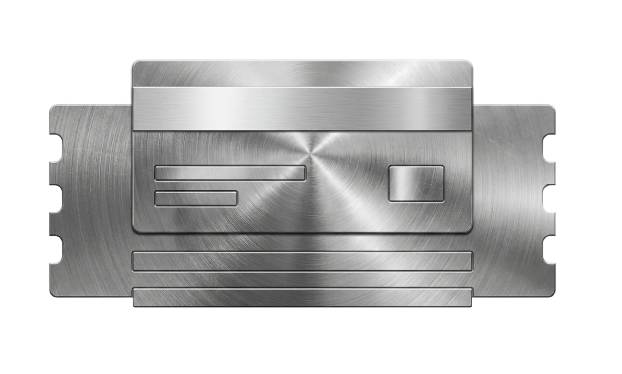 Brushed metal credit card design with rounded corners, stacked to imply a premium metal card.