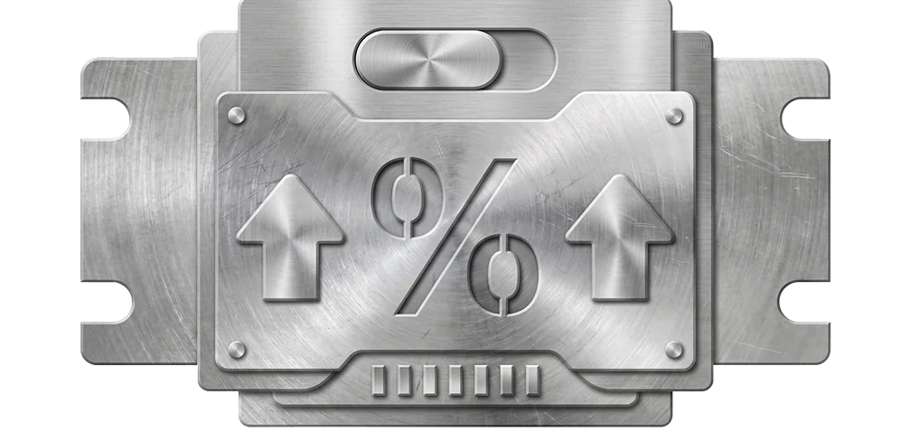 Shiny brushed-metal panel with a large percent sign and two upward arrows, suggesting a rate increase or rising values.”,